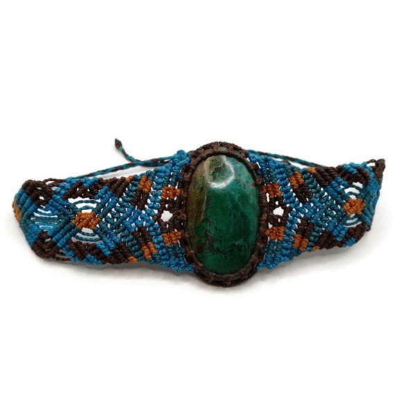 Handmade Bracelet Woven in Macrame Thread and Turquoise Natural Stone Spiritual - Picture 4 of 9